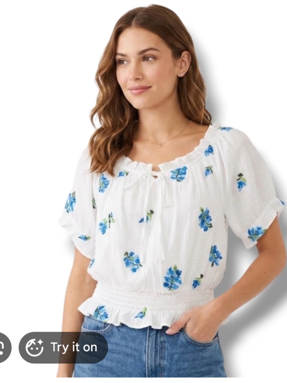Meraki White Floral Peasant Top with Blue Blossoms sz M